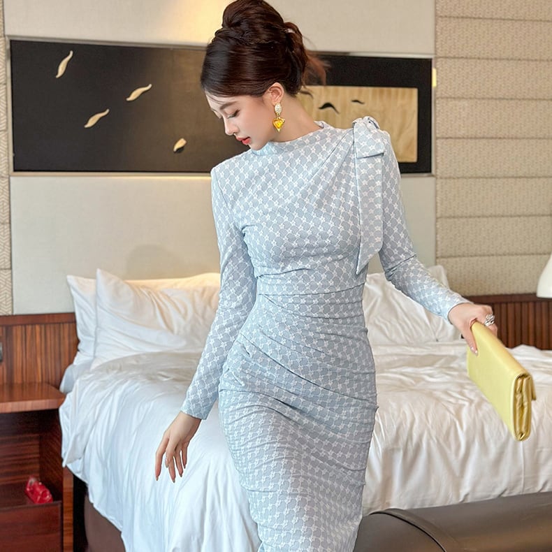 Lady's coco ロングドレス キャバドレス セクシー ブルーチェック タイトワンピース デザインリボン スリット入り 上品 スタイル 二次会 披露宴 上品 LW2-JY56009