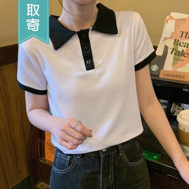 バイカラー ポロシャツ 半袖 トップス 襟付き カットソー 可愛い きちんと感 薄手 ショート丈 レディース 取寄 発送目安14 21日営業日 Laff Store 会社情報 納期の確認をお願いします