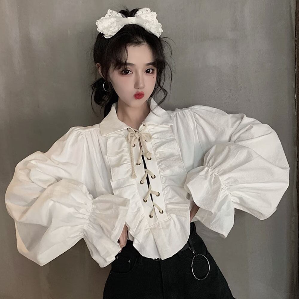 全2色 長袖ガーリーレースアップブラウス ホワイト ブラック 白 黒