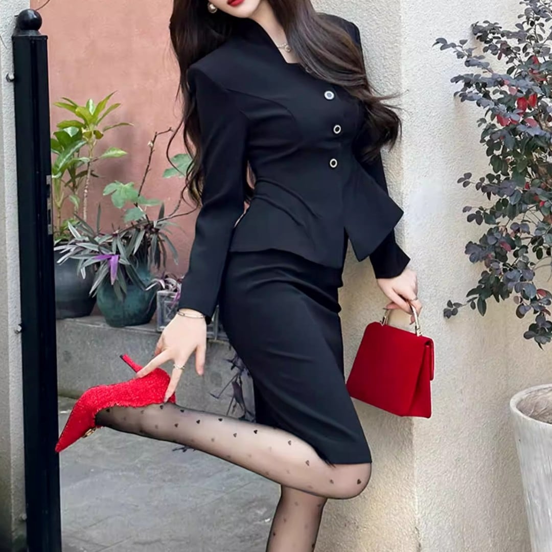 Long Sleeve Jacket Midi Skirt Setup V3176