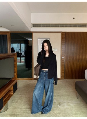 Button Front Wide Denim Pants【H00074】