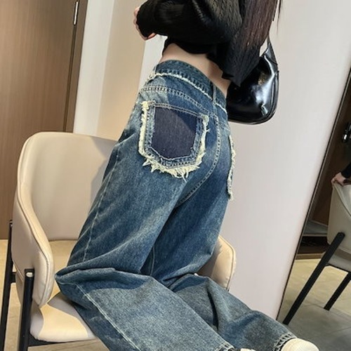 2024春夏 新作 おしゃれ 気質 ハイウエスト ゆったり デニムパンツ 切り替え モップパンツ ワイドパンツ 着痩せスラックスパンツ 韓国ファッション スキニーパンツ 脚長効果！ ひんやりボトムス