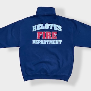 【JERZEES】ハーフジップ ロゴ 消防署 消防士  バックプリント スウェット プルオーバー L HELOTES FIRE DEPARTMENT ネイビー US古着