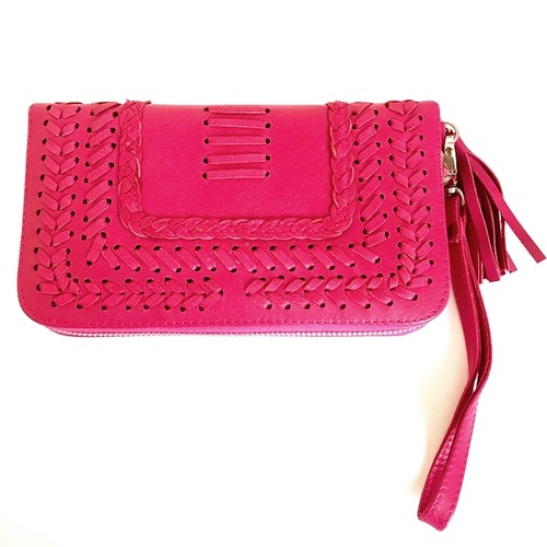 ボヘミアン 本革 レザー タッセル付 ウォレット(ピンク刺繍) 財布 長財布 パスポート入れ【バリ直輸入】