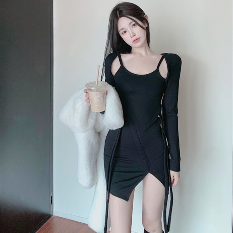 【新作】【送料無料】 コールド禁欲スタイルの新しい甘くてスパイシーなショートスカート長袖ハイウエストスリット偽ツーピースセクシーなホットガール純粋な欲望のドレス 0260768201342