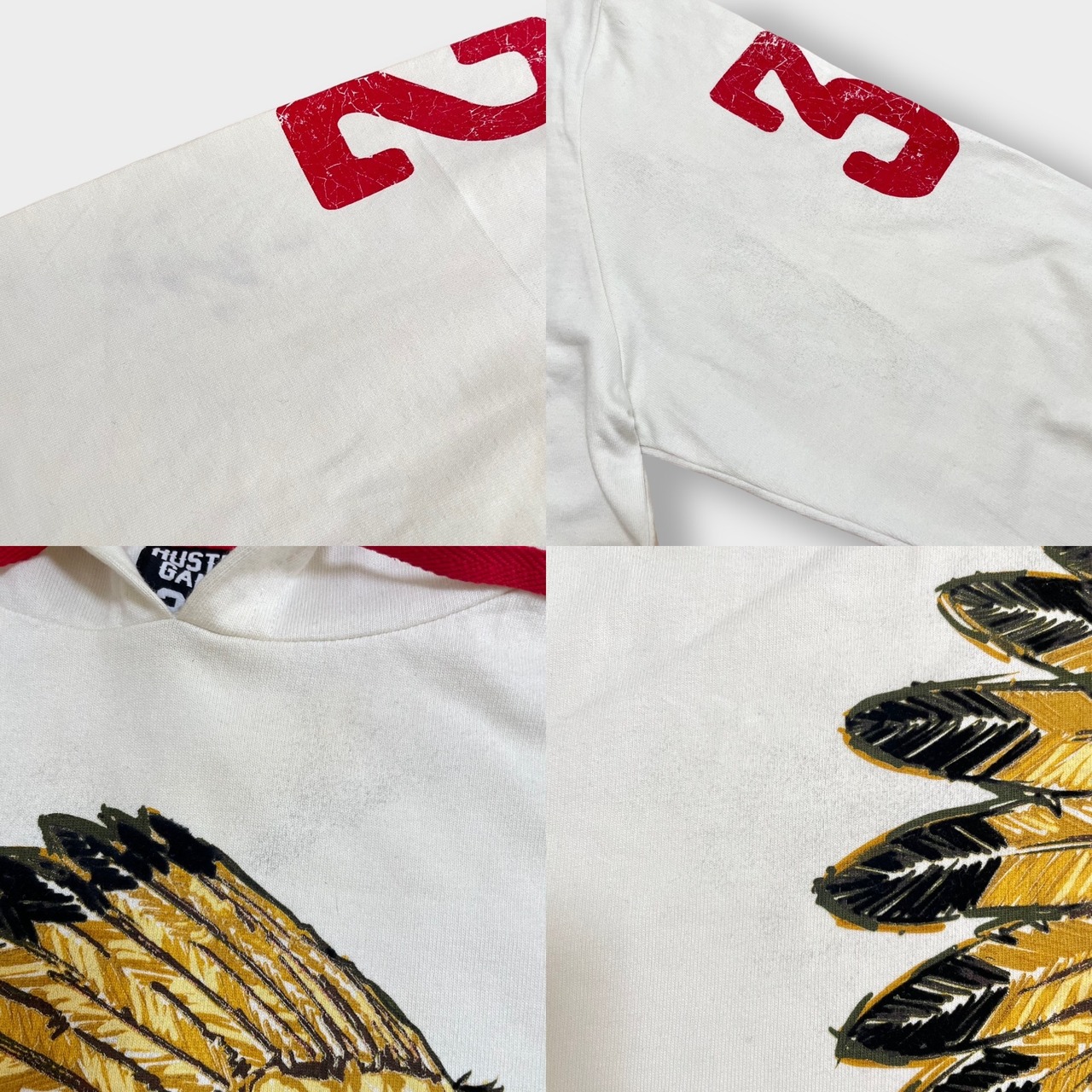 【HUSTLE GANG】パーカー プルオーバー インディアン プリント 袖ロゴ ラインリブ フーディー スウェット 2X ビッグサイズ US古着