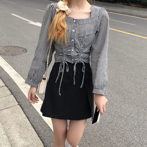 ✞ ♡ショート長袖スリーブチェック柄シャツブラウススカート ロング スクウェア ✞ゴスロリ SM ミリ 甘ロリ クラロリ 和ロリ エレガント 黒ロリ 姫ロリ 華ロリ BB-BB12949251408