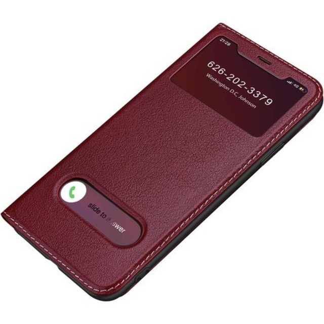 iPhone15 用 ケース 手帳型 窓付き 薄型 本革カバー スタンド機能 ストラップホール付き シンプル マグネット式 ビズネス風 耐衝撃 TPU 保護ケース レッド 2695