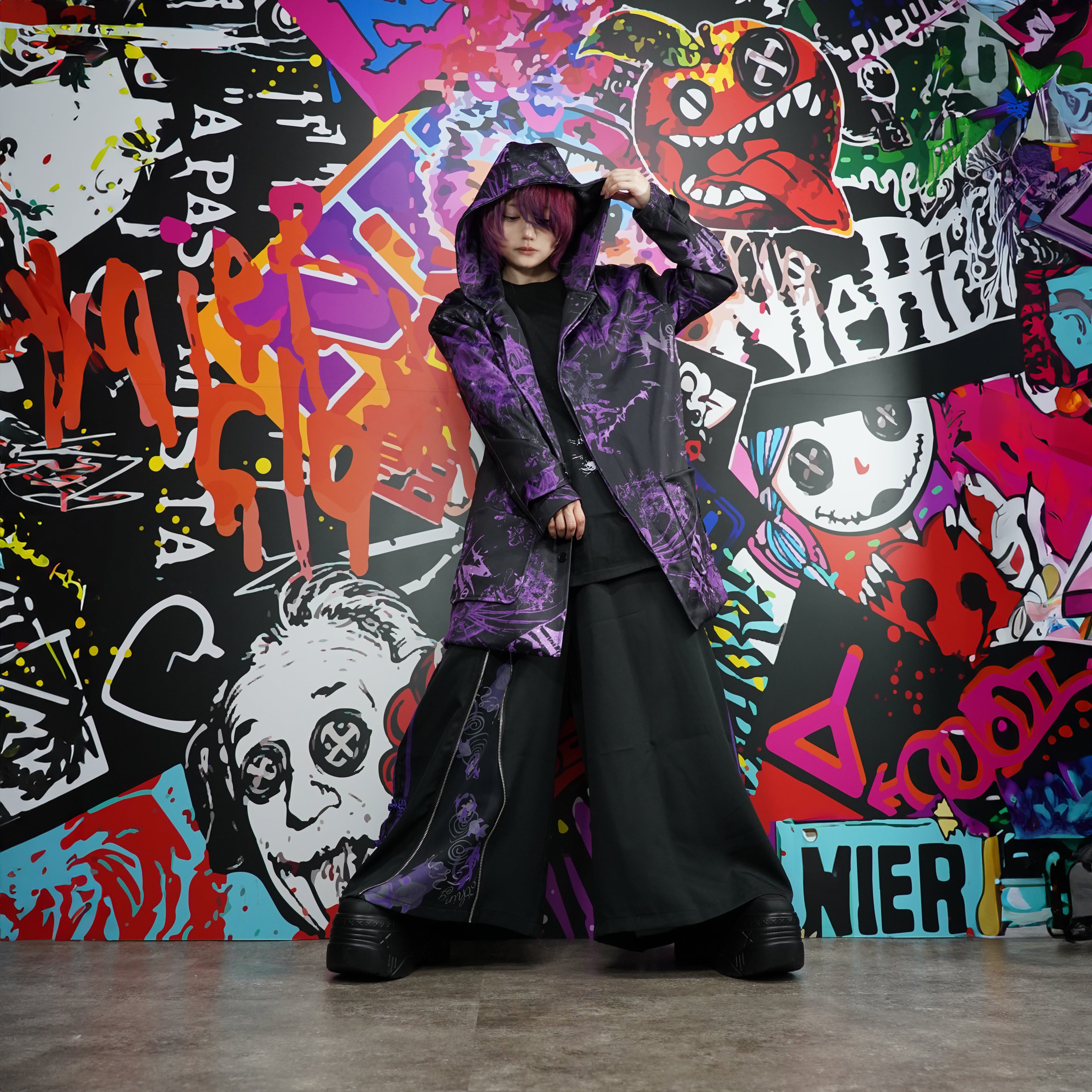 ZIP SLIT×チャイナライン和装WIDE PANTS【紫和柄金魚】 | NIER CLOTHING