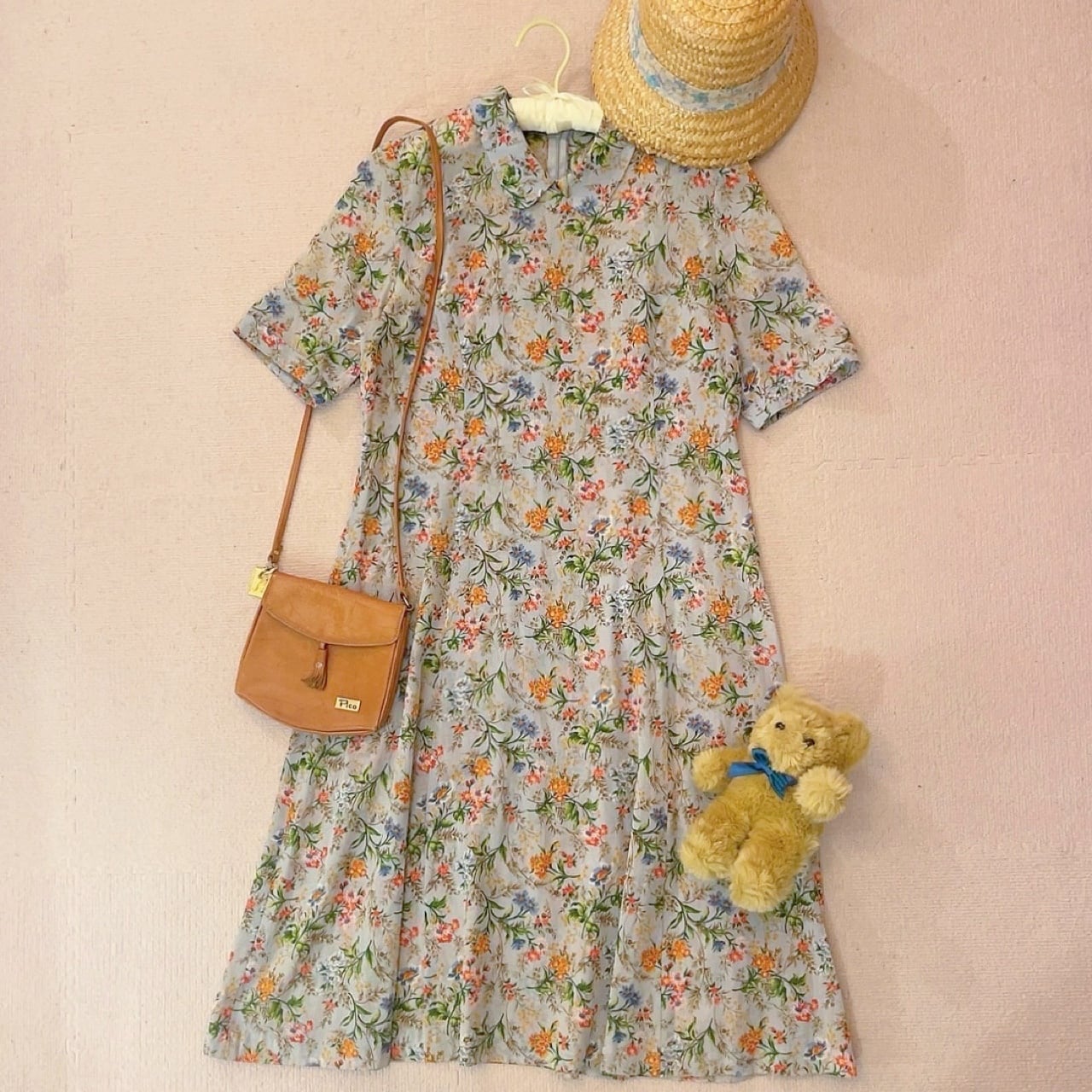 botanical flower light blue one-piece