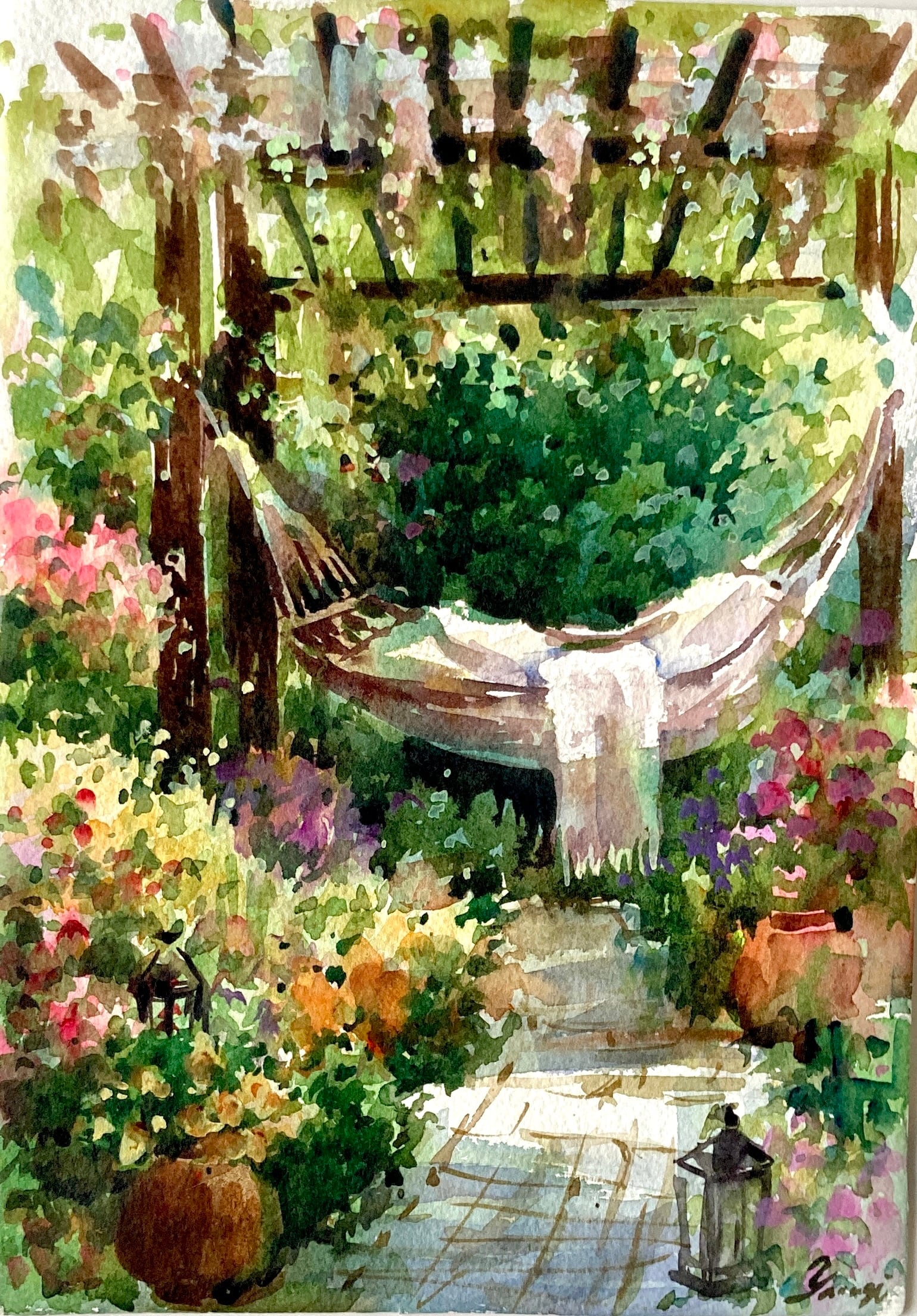 水彩画 原画 庭にて 9e37d45b8d76e021b21e8de9026a7e