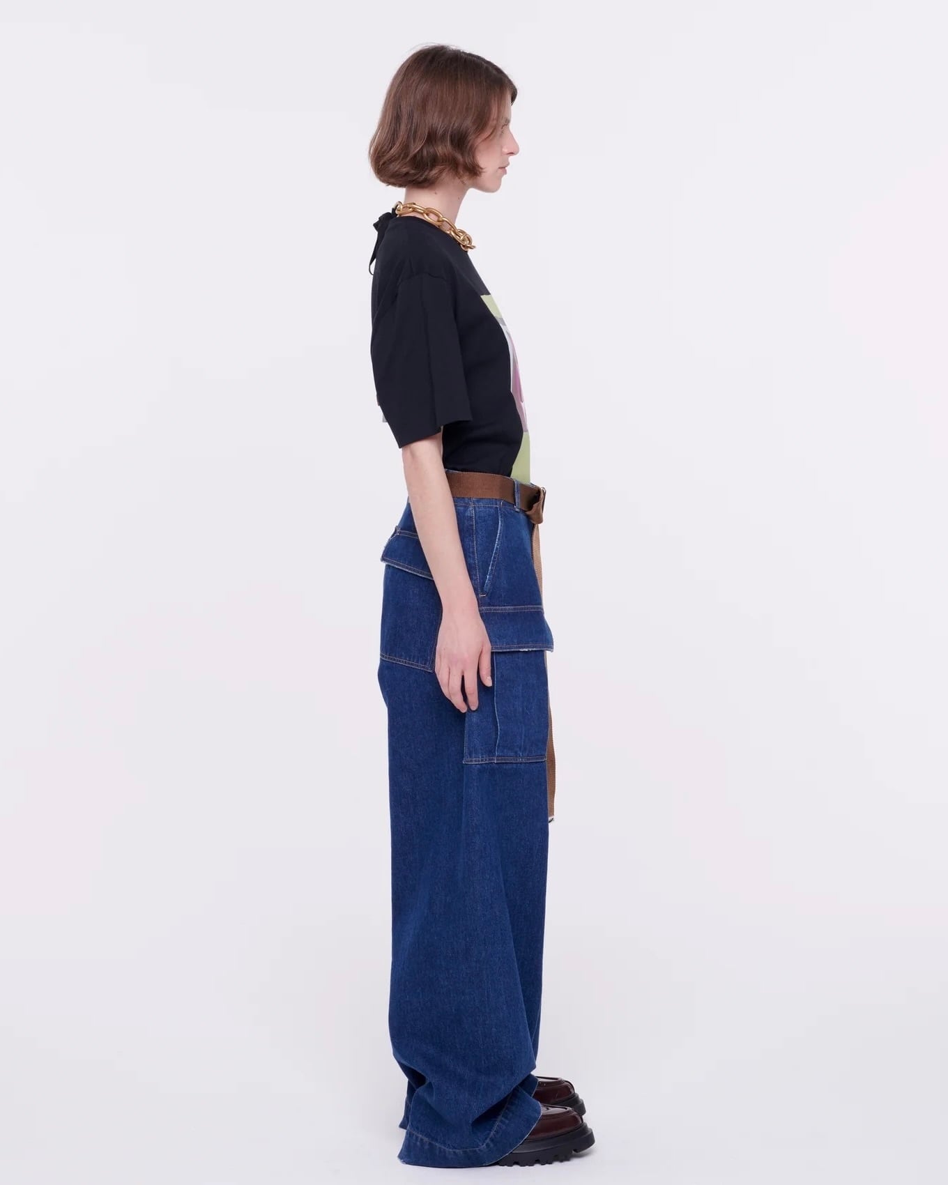 PLANC】ワイドレッグブラウンベルティッドジーンズ | idealclasse