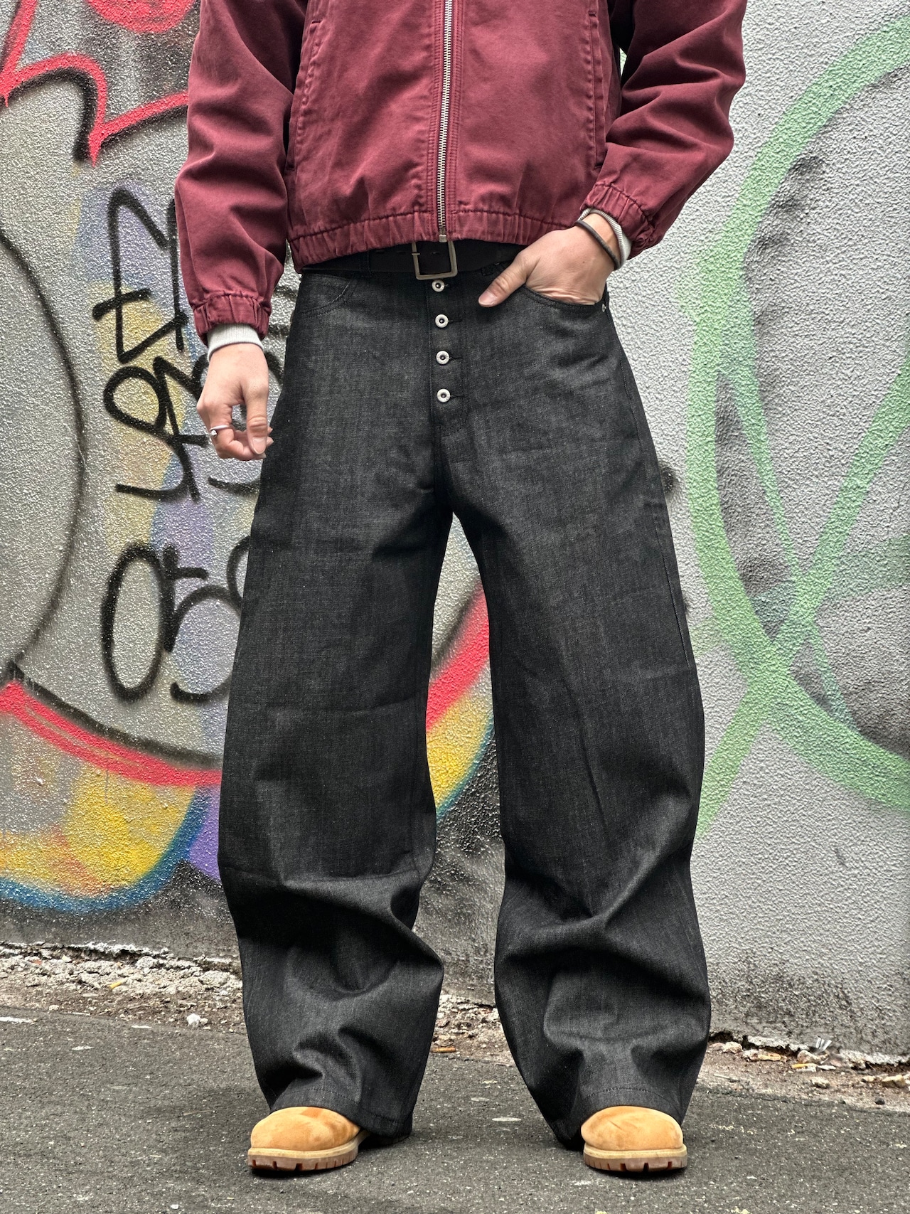 Raw Button Baggy Denim