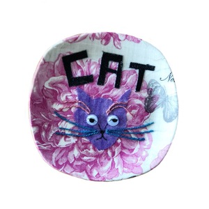 【UPCYCLE】 DECOPAGE PLATE pinkflower CAT