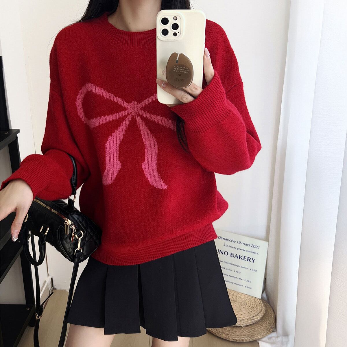 ニット セーター リボン柄 長袖 レディース 春秋冬 韓国 大人 かわいい きれいめ おしゃれ カジュアル 体型カバー ゆったり シンプル 着やせ 着回し 編み 大人可愛い 大人女子