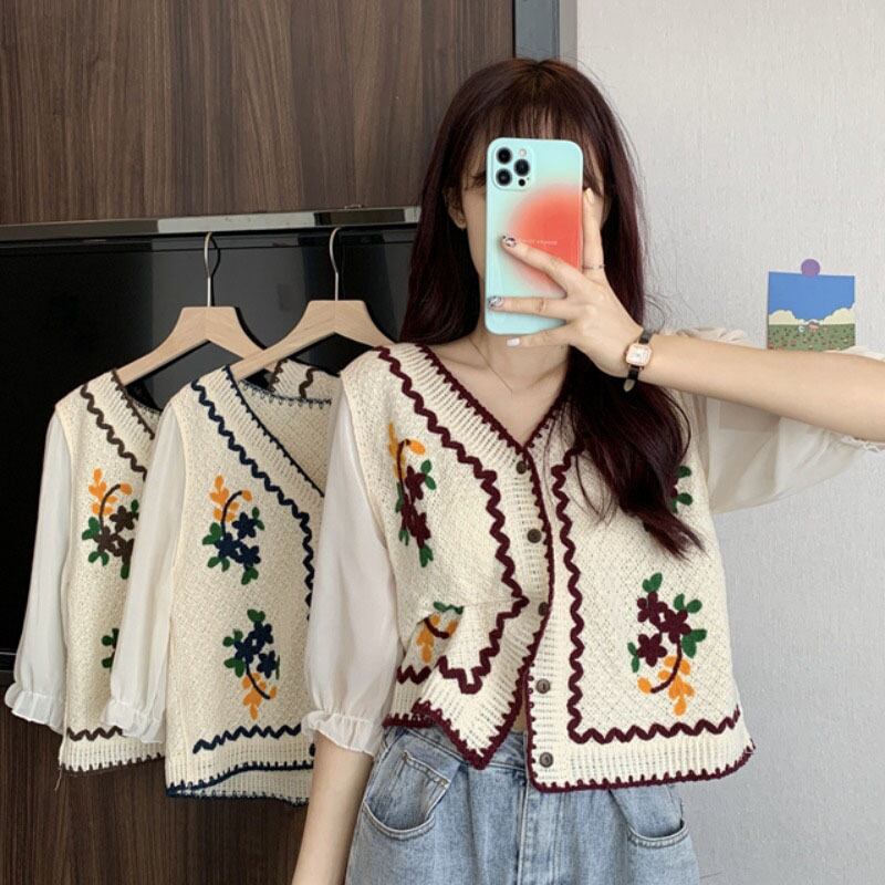 スリーブセーター 薄手サマールーズ刺繍カーディガンショートトップス 夏物 ステッチ YY-ファッション53157215464