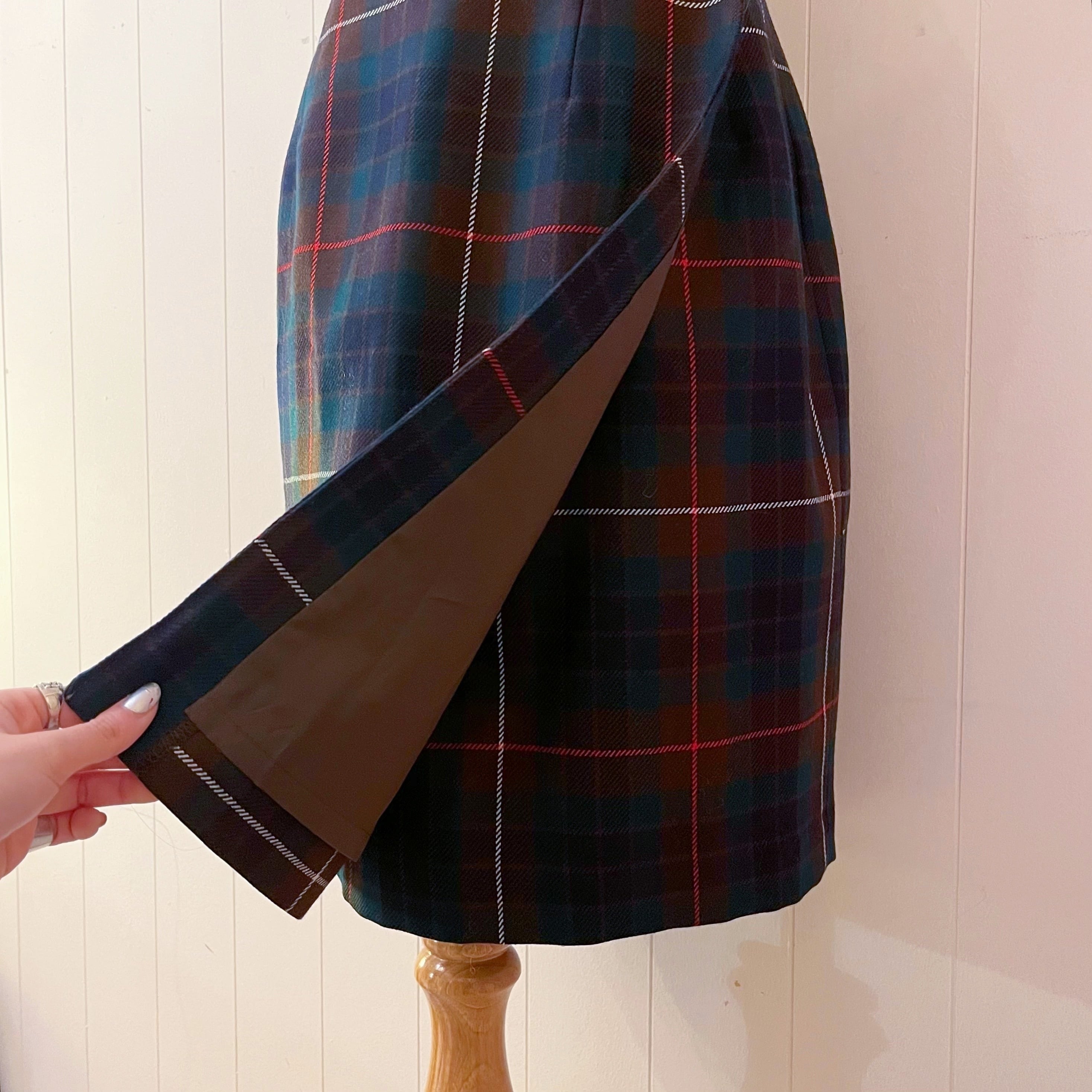 brown green check wrap skirt
