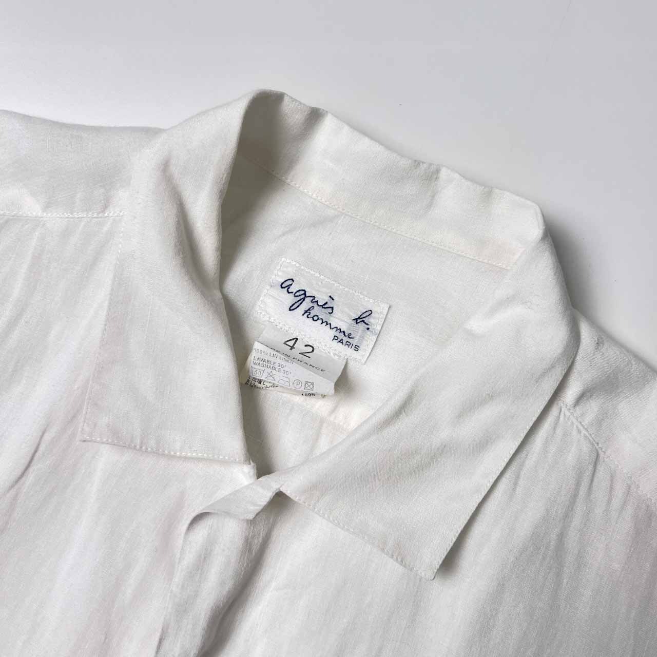 フランス製 リネン100% agnes b. HOMME アニエスベーオム 半袖シャツ 42/ホワイト メンズ