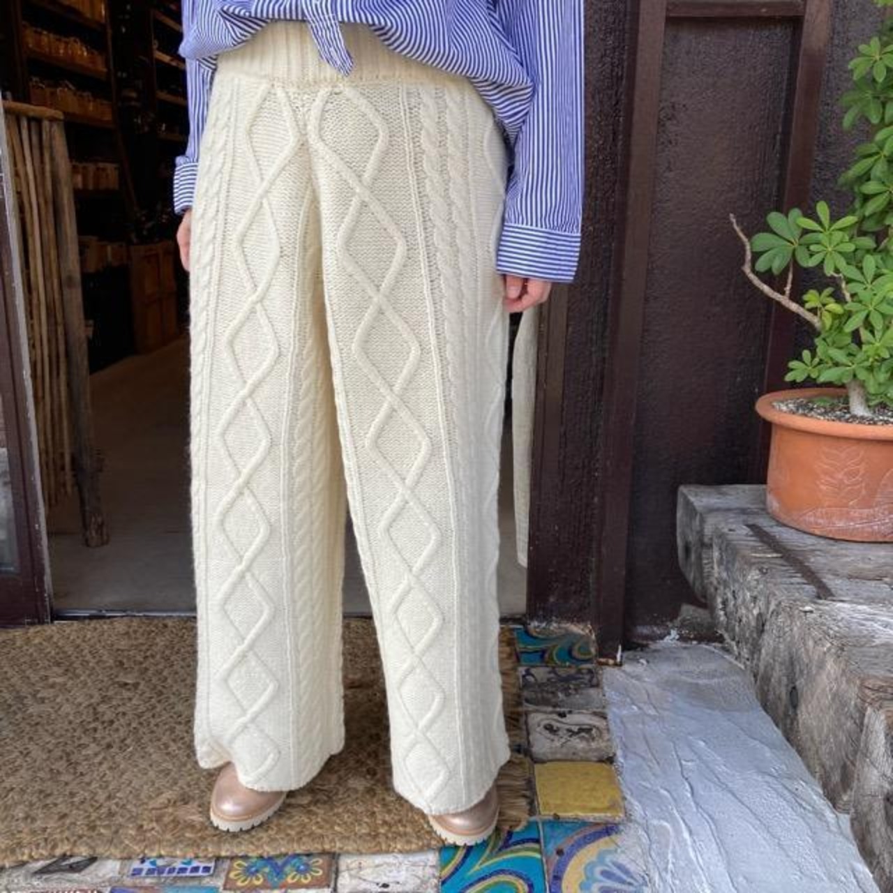 ichi(イチ)　アラン編ニットパンツ　ホワイト