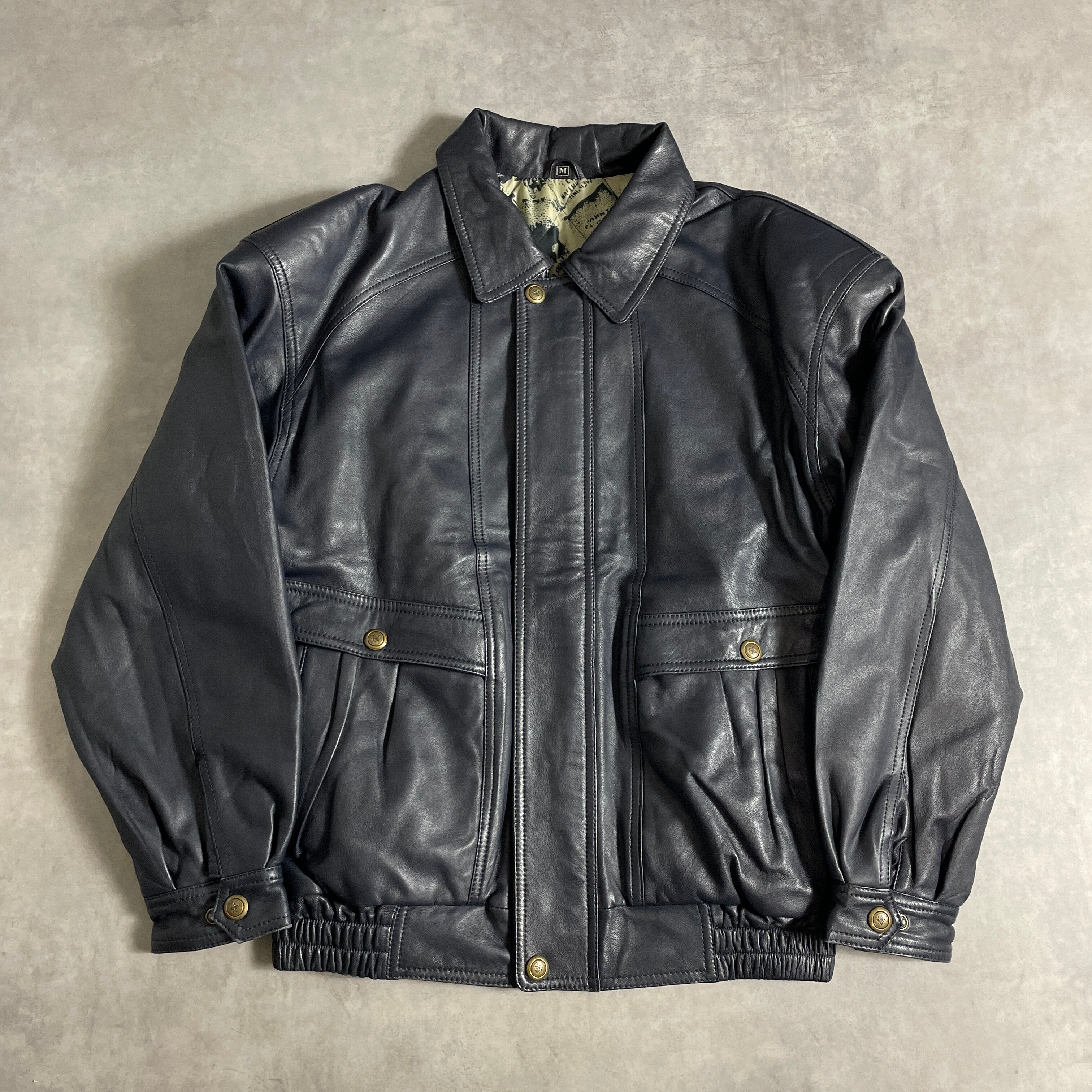 90s デザインレザージャケット 短丈 本革 vintage雰囲気抜群 濃青