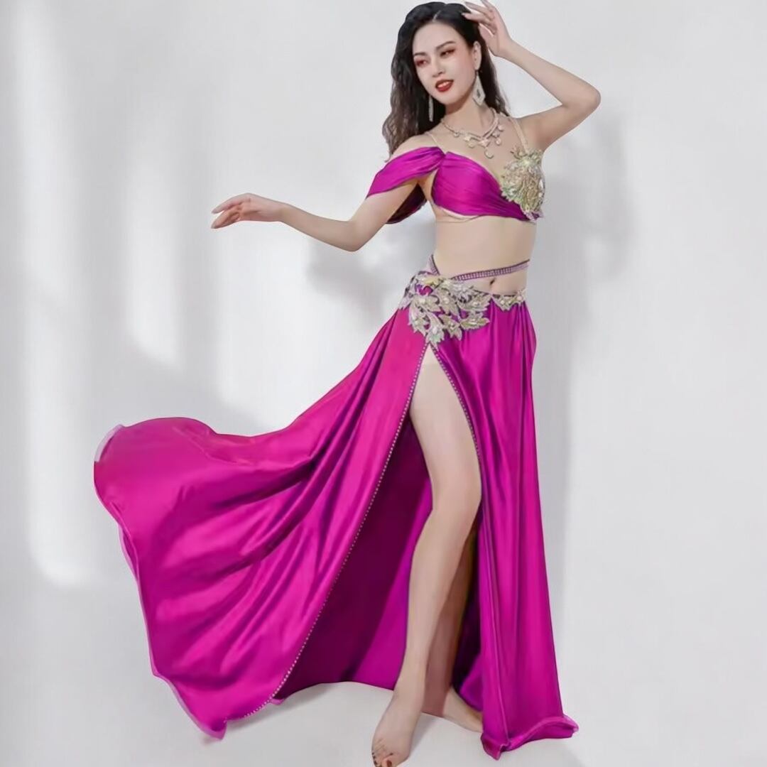 オリエンタル衣装 ベリーダンス ピンク ビジュー サテン生地 オフショルダー