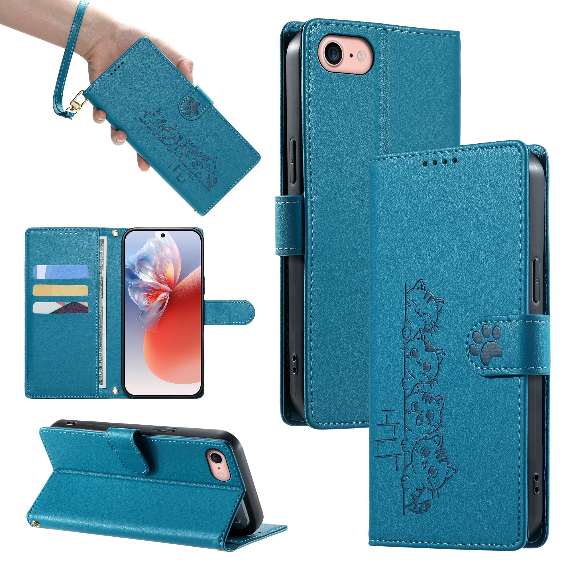 TEDTIKJT 適用 iPhone SE (第2世代/第3世代) ケース 手帳型 iPhone 8 用 iPhone 7 用ケース 手帳型 かわいい猫柄 ねこ スマホケース いphone8 手帳型ケース iPhone7 ケース ストラップ付き おしゃれ 携帯カバー iPhoneSE (第3世代) 財布型 カード収納 スタンド機能 マグネット式 PUレザー 軽量 耐衝撃 全面保護(ブルー)