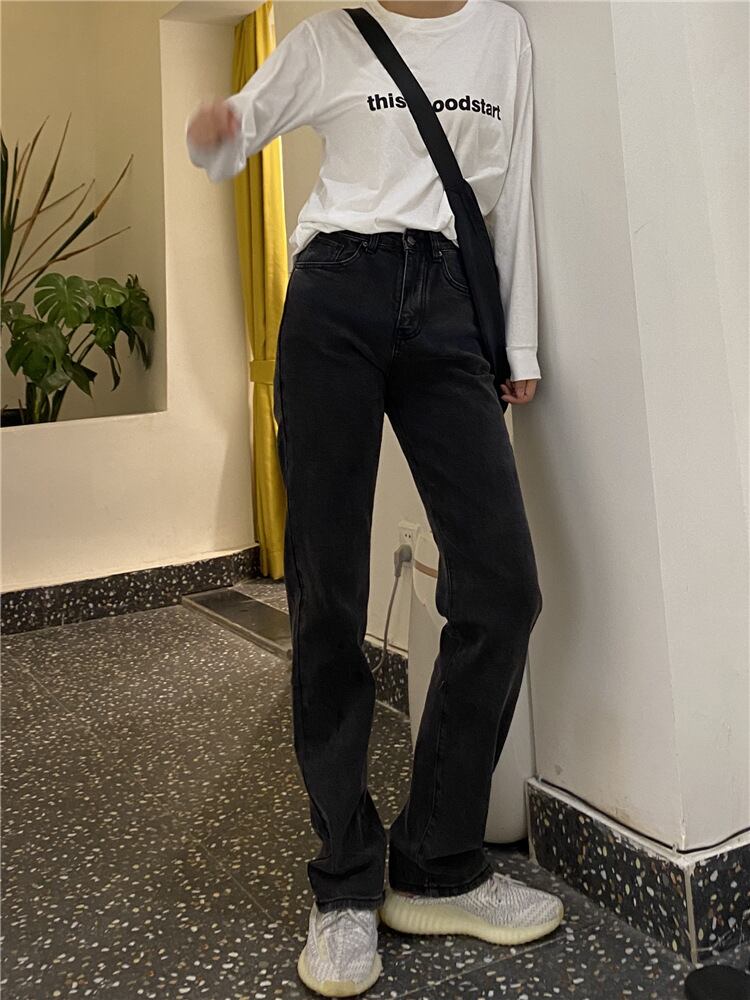 【新作】【送料無料】 THREE12 2021 春夏新作ハイウエスト ブラック グレー ストレート ジーンズ 女性用、背が高く、スリムでドレープがあり、レトロ 0313060006383