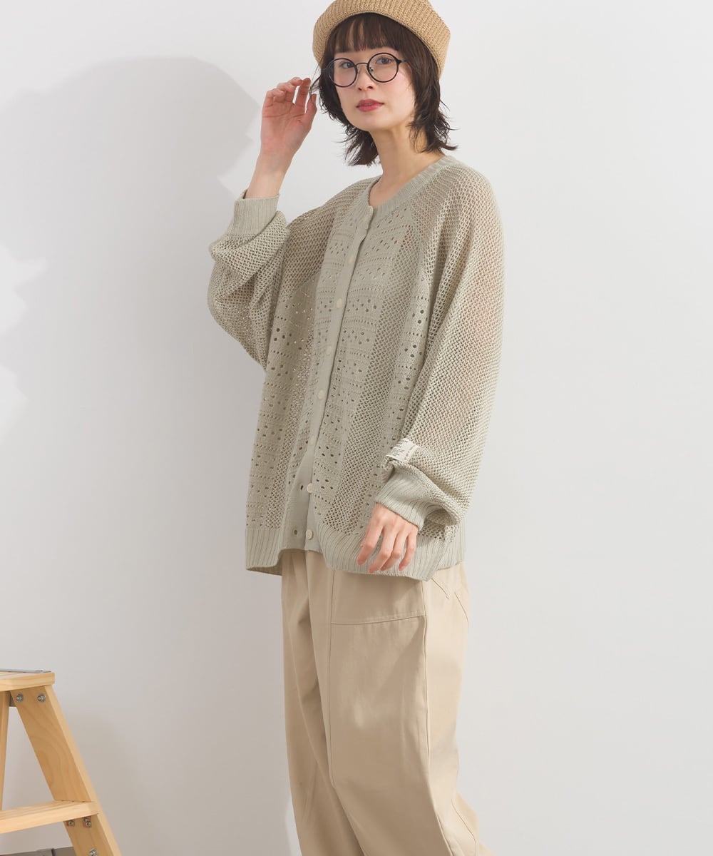 B261068 コットンライクアクリル前後2WAY透かし柄カーディガン
