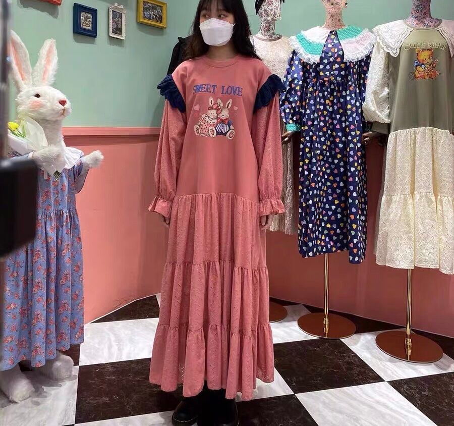 ワンピース ピンク 水色 うさぎ ワンピース 花柄 エレガント ゆったり