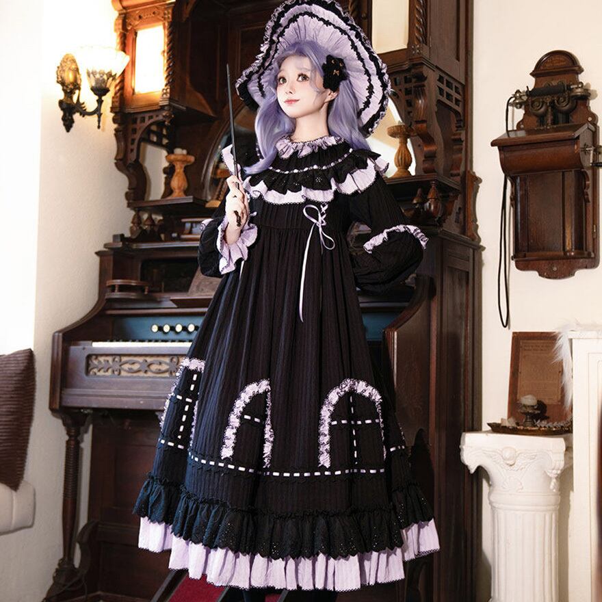 予約商品 納期45日】ゴスロリ 魔女ドレス ヘッドドレス 三角帽付き 6点