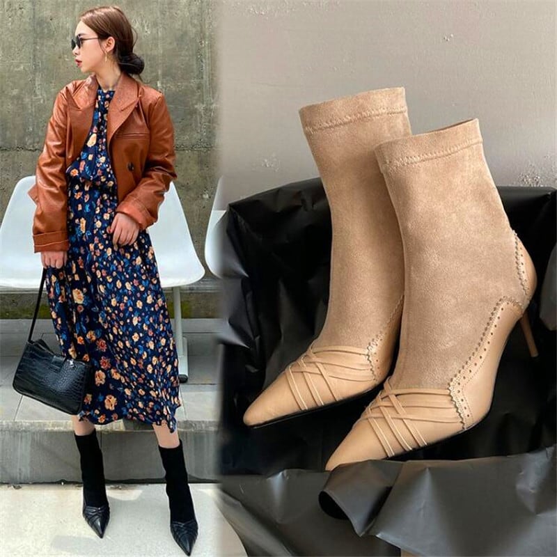 【新作】【送料無料】 レトロな織りの先のとがったレディースハイヒールブラックホワイトブラウンカラーマッチングハイヒール秋冬レディースハイヒールブーツ 靴 シューズ オータム 秋物 ウィンター 冬物 10b310883597650