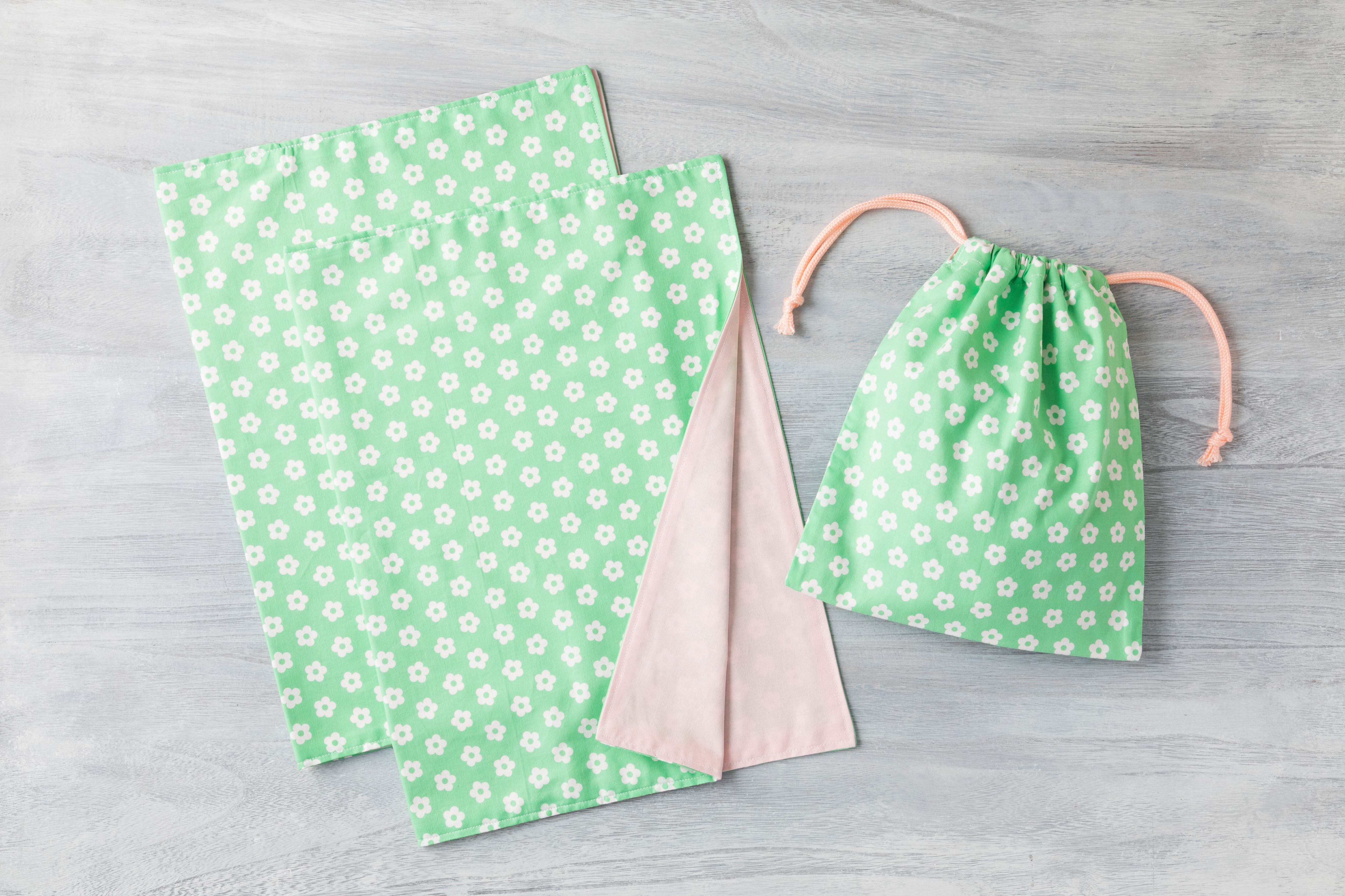【60×40㎝】給食用ランチマット2枚&巾着セット 花柄 グリーン