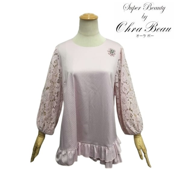 スーパービューティー カットソー 袖レース 裾フリル 2515023 ピンク 2025年春夏 オーラボー Super Beauty 大人かわいい服 大人スタイル キレイメ レディース アパレル 女性 M L LL 30代 40代 50代 60代