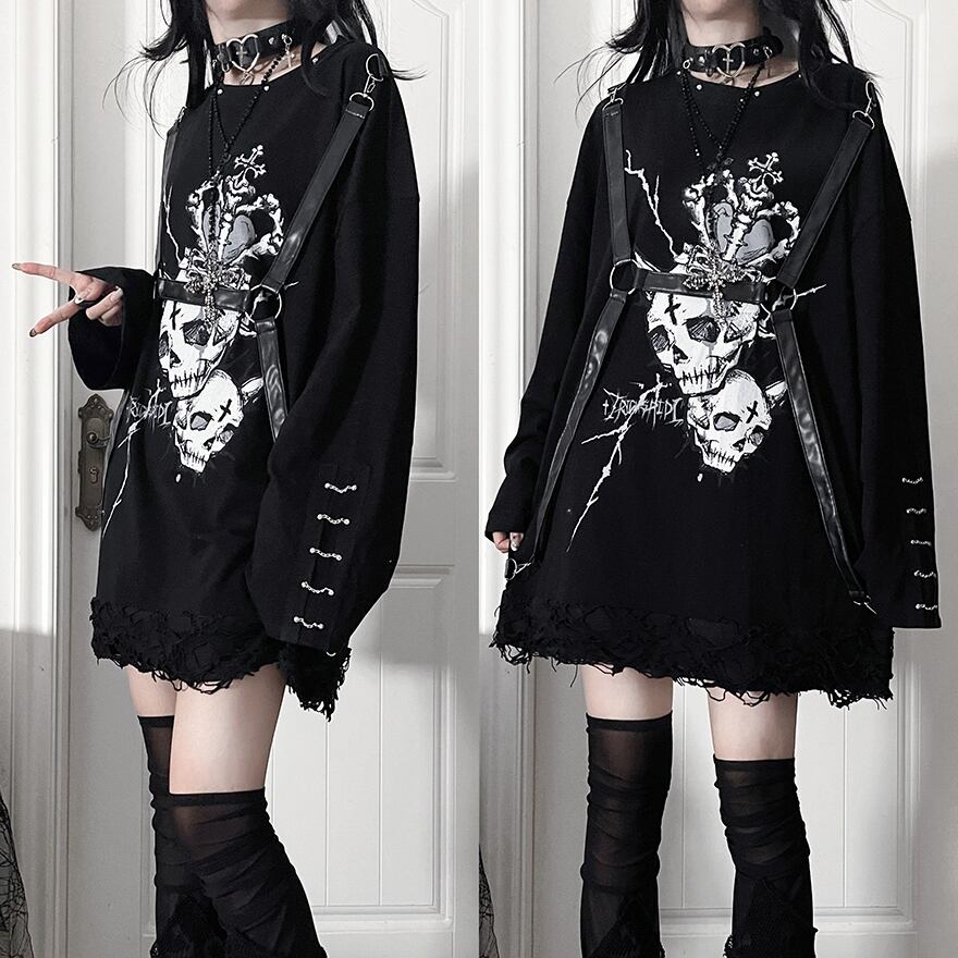 パンク 推し活 ライブ 長袖 Tシャツ スカル プリント Y2Kファッション