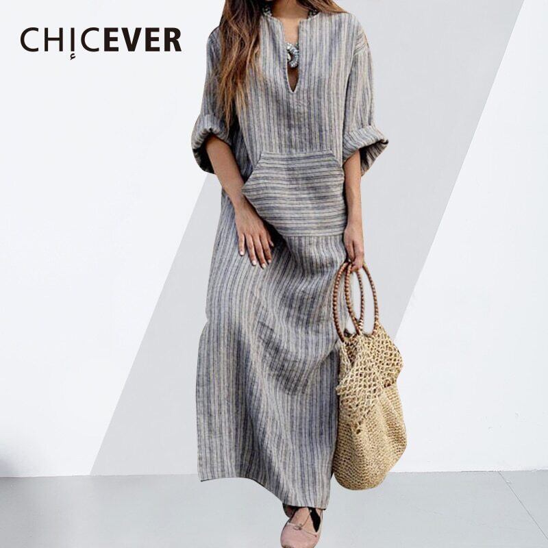 CHICEVERヴィンテージストライプドレスレディースルーズプラスサイズ4XL5XL秋の長袖レディースドレス服 ロング 大きめサイズ オータム 秋物 ビンテージ 6base510252670353