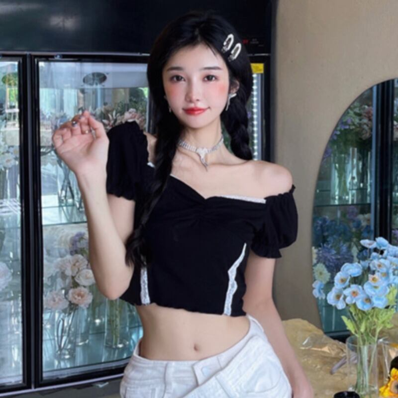 ショートトップス サマースリムレースTシャツ 夏物 ステッチ ハンチェンe98526837367