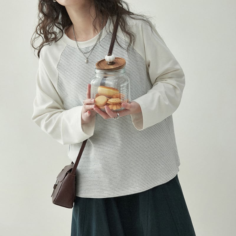 ラウンドネックストライプ柄シャツ M1785