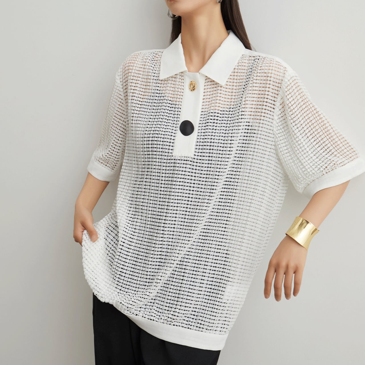 White mesh polo neck top S939