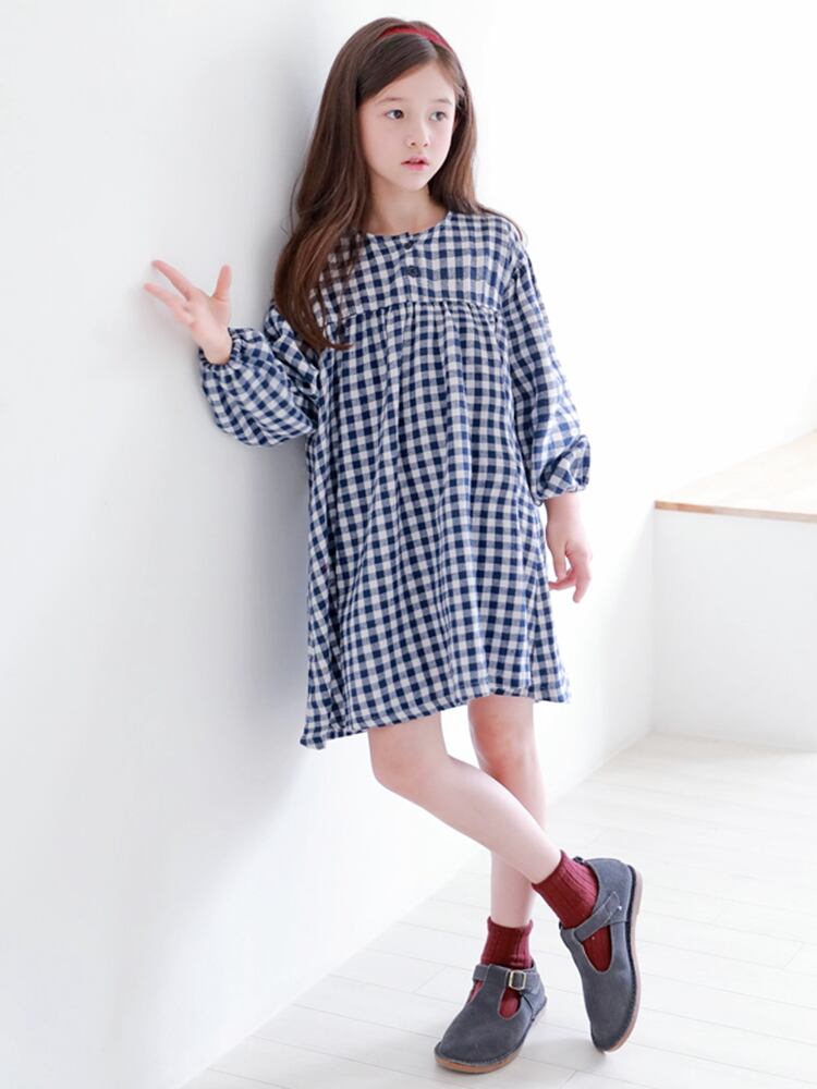 親子ペア 親子リンク お揃いコーデ チェック柄 長袖 Aラインワンピース