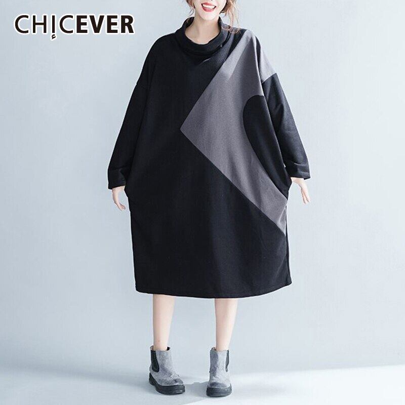 CHICEVERパッチワークヒットカラードレス女性タートルネックマント長袖特大ルーズドレス2020 ロング 6base576348189078