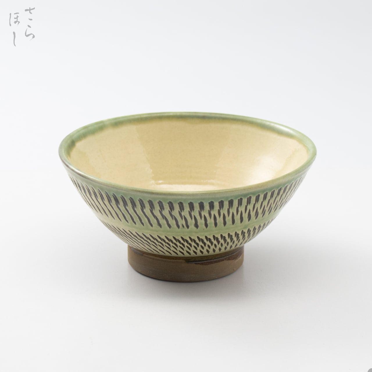 小鹿田焼 小袋窯 4寸5分飯碗 中抜き飛びかんな 緑 直径約13.2cm 陶器 和食器 民藝