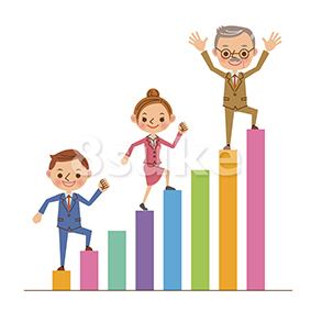 イラスト素材：棒グラフを登る3人のビジネスマン（ベクター・JPG）