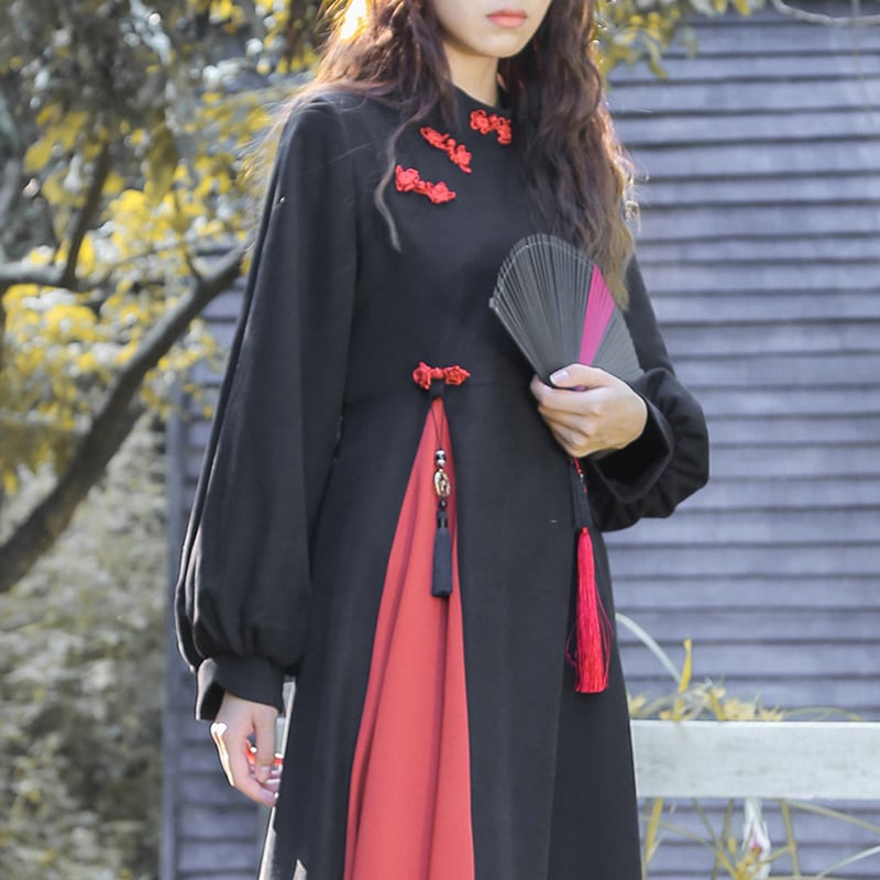 Mua木马シリーズ チャイナワンピース 2color チャイナ服 配色 可愛い オリジナル ブラック 黒 グリーン 緑 Elegant