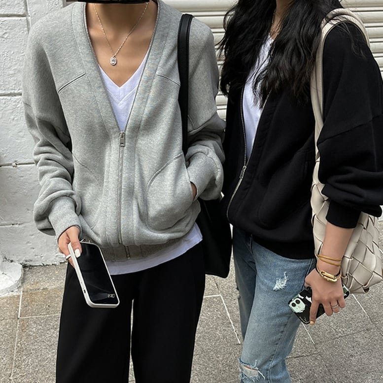 グレー Vネック ジップアップカーディガン ドルマンジップスウェットカーディガン】ノーカラー Vネック