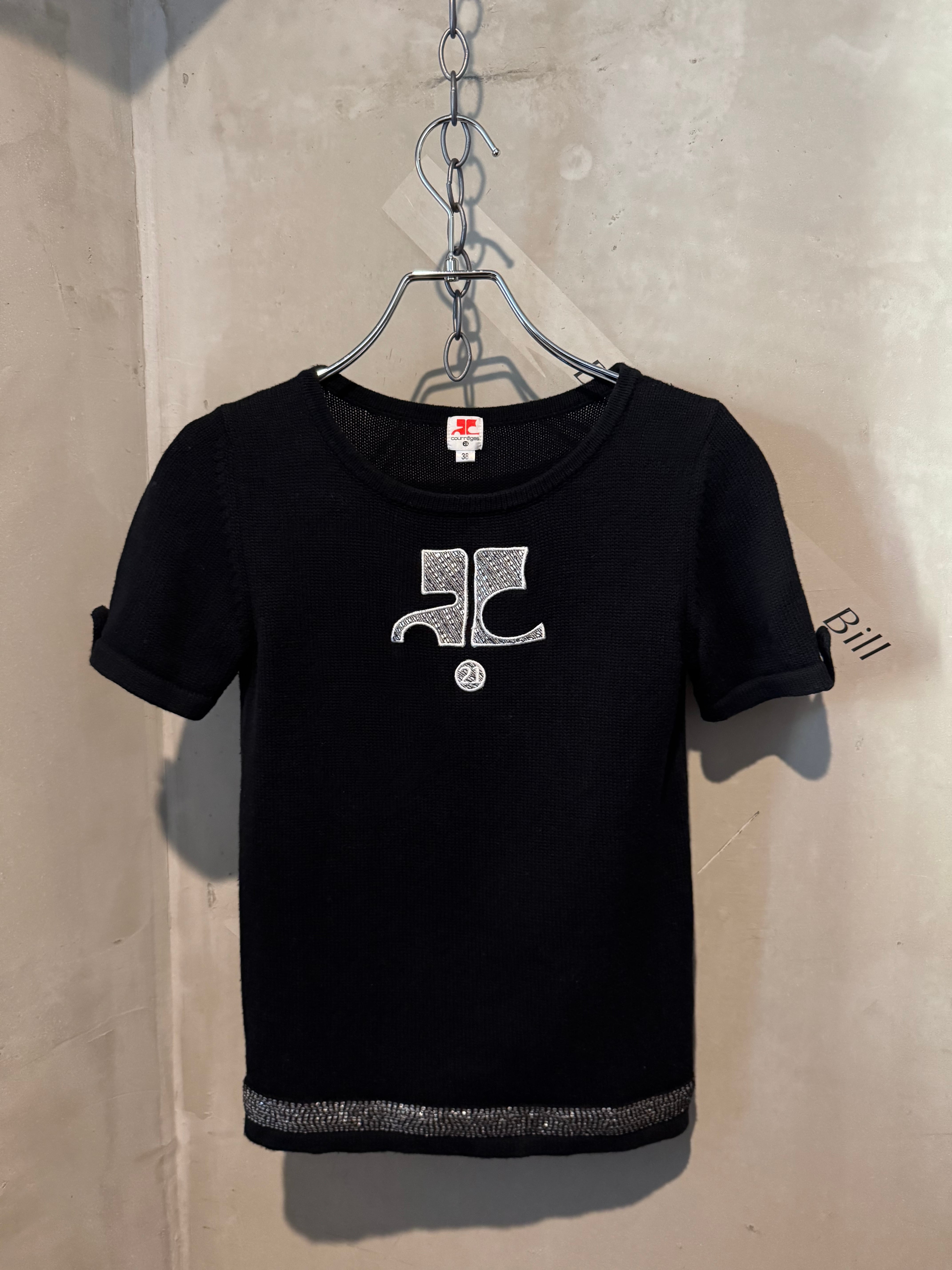 Courrèges kirakira silver logo black short sleeves knit