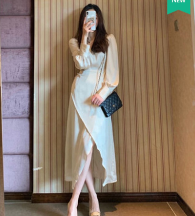 ワンピース 春ワンピース 長袖 ロング丈 スリット ハイウエスト フレンチレトロ 春 代 30代 エレガント 通勤 デート H073 La Vie En Rose