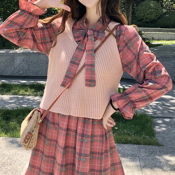 タータンチェック 長袖 セーター 巻きスカート セットアップ サイズL