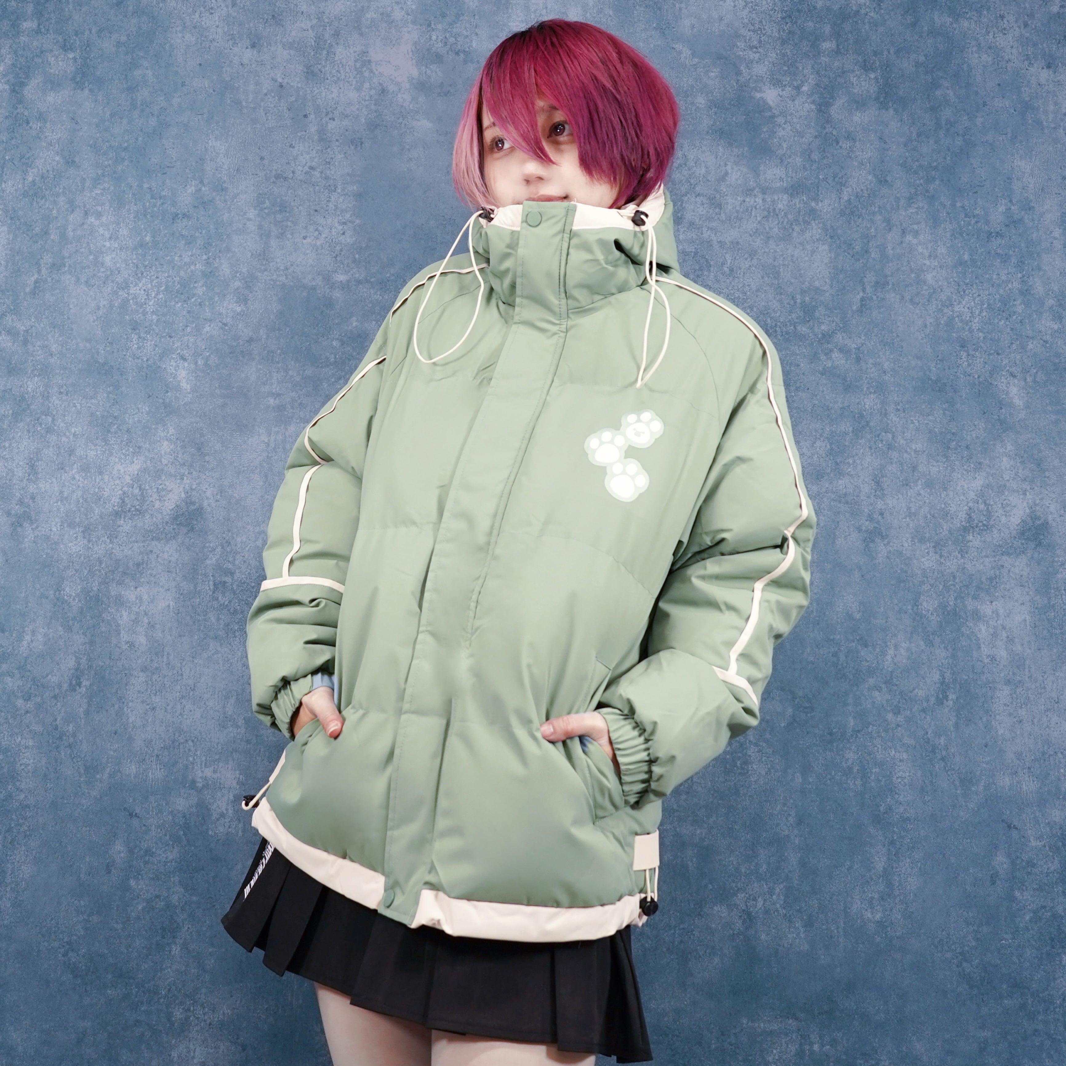 肉球PRINT‐中綿入りハイネックフード付きアウター【MINT GREEN