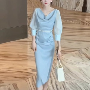 【送料無料】 ロングドレス 2色 ペンシル ミモレ Iライン プルオーバー 長袖 ラウンドネック 異素材切り替え ドッキング 透け感 薄手生地 エレガント 可愛い 大人可愛い きれいめ シンプル カジュアル シック コンサバ 華やか 大人 上品 おしゃれ お洒落 主役級 こなれ感 高見え 高級感 フェミニン 無地 春 夏 30代 40代 レディース 女性用 お呼ばれ 結婚式 二次会 パーティ 演奏会 ファッション コーデ スタイル 楽ちん 美脚 脚長 定番 ホワイト ブルー ニュアンスカラー