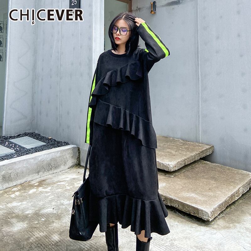 CHICEVERブラックドレスレディースOネック長袖パッチワークフリルヒットカラールーズオーバーサイズドレス2020秋 ロング ラッフル オータム 秋物 6base540354128866
